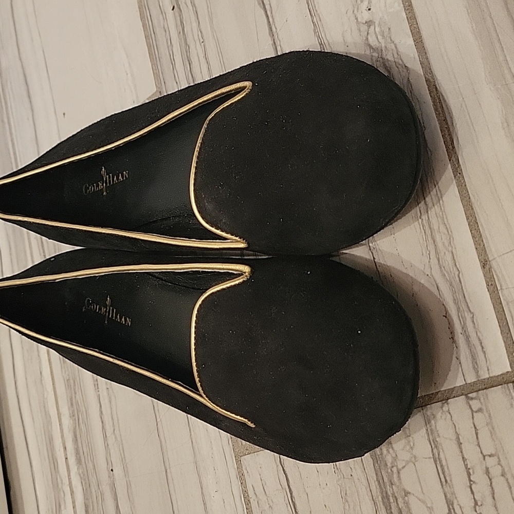 Cole Haan Black Loafers with Gold Trim - Picture 2 of 12